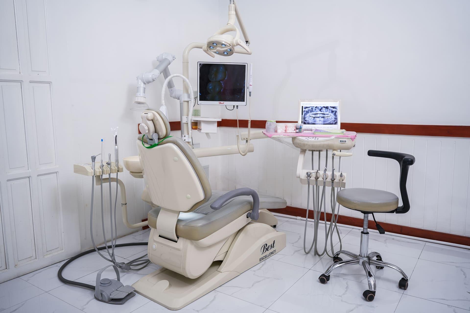 Treatment room with modern dental chair and equipment